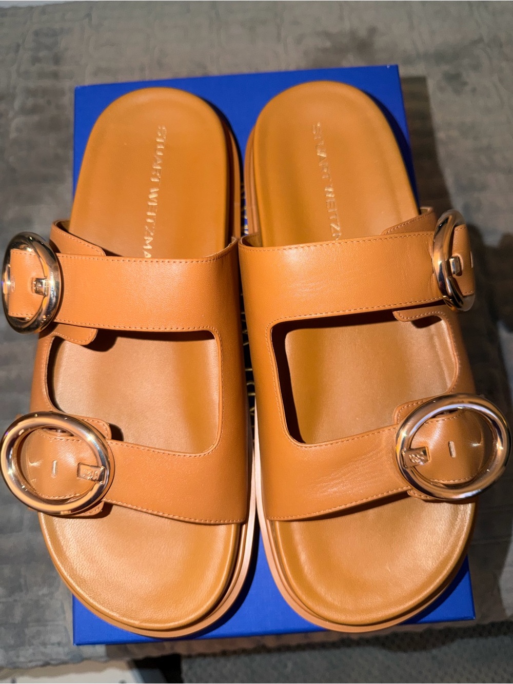 Stuart Weitzman Benni Tan Double-Buckle Slide Sandals